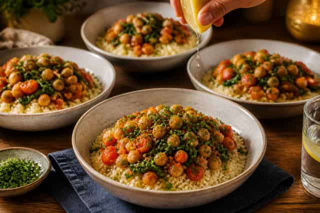 Lemon Chickpea Spinach Couscous Bowls with Parsley cooking step 6: Serve the bowls.