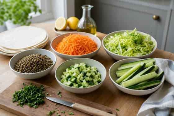 Lemon Lentil Cucumber Wraps with Parsley cooking step 1: Prep the vegetables.
