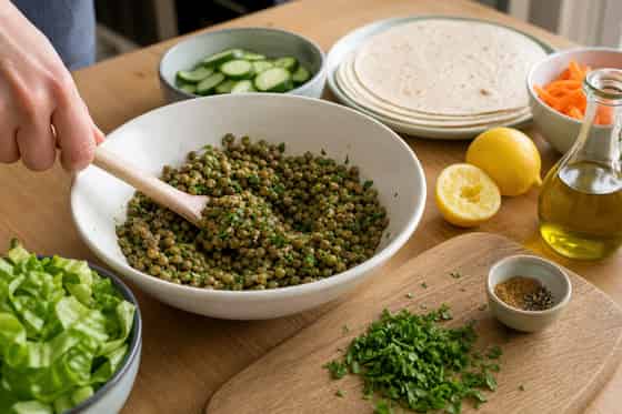 Lemon Lentil Cucumber Wraps with Parsley cooking step 2: Dress the lentils.