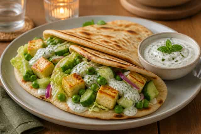 Lemon Paneer Pea Flatbreads with Mint Yoghurt.
