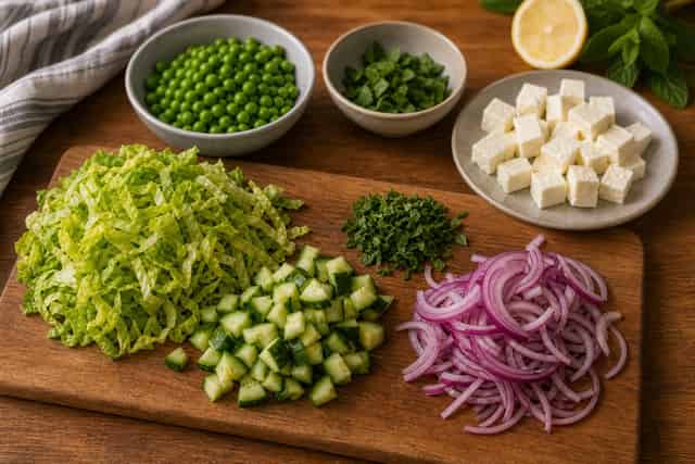 Lemon Paneer Pea Flatbreads with Mint Yoghurt cooking step 1: Prepare the salad.