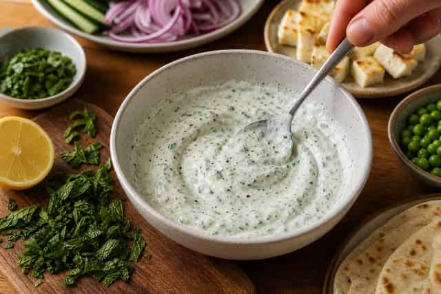 Lemon Paneer Pea Flatbreads with Mint Yoghurt cooking step 2: Make mint yoghurt.