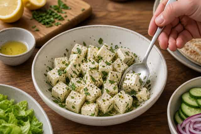 Lemon Paneer Pea Flatbreads with Mint Yoghurt cooking step 3: Season the paneer.
