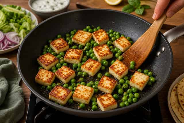 Lemon Paneer Pea Flatbreads with Mint Yoghurt cooking step 4: Fry paneer and peas.