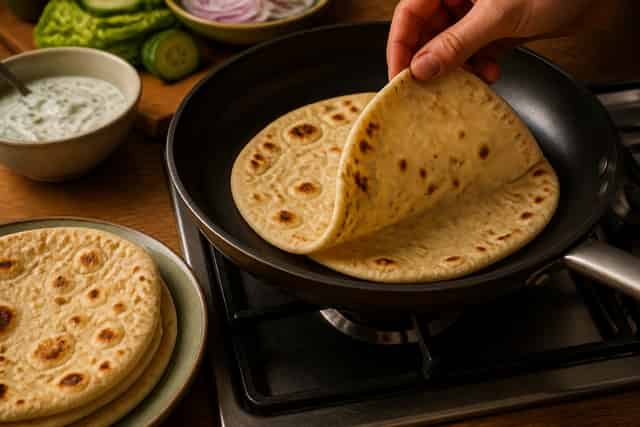 Lemon Paneer Pea Flatbreads with Mint Yoghurt cooking step 5: Warm the flatbreads.