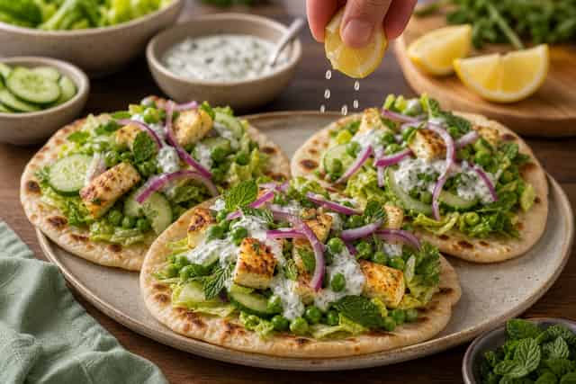 Lemon Paneer Pea Flatbreads with Mint Yoghurt cooking step 6: Assemble and serve.