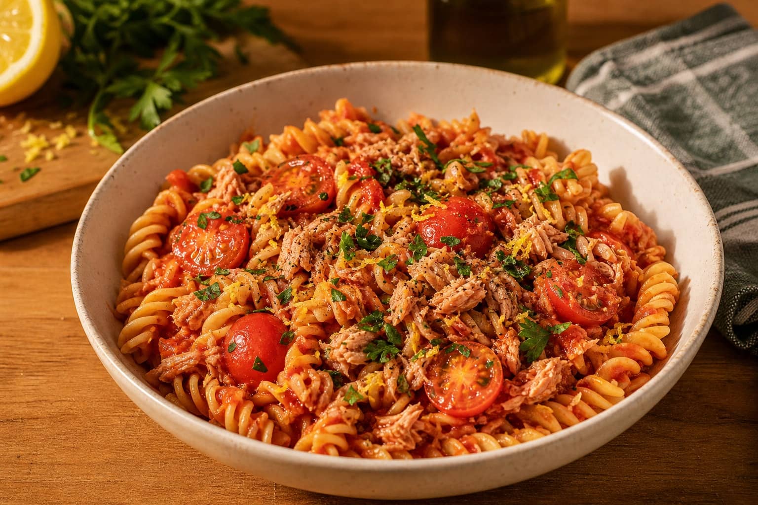 Lemon Tuna Tomato Pasta with Parsley.