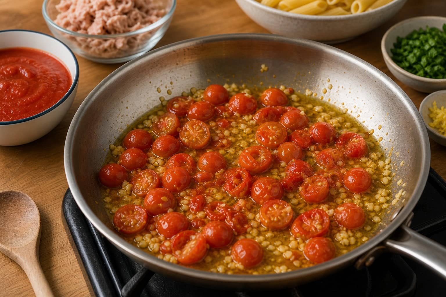 Lemon Tuna Tomato Pasta with Parsley cooking step 3: Build the tomato sauce.