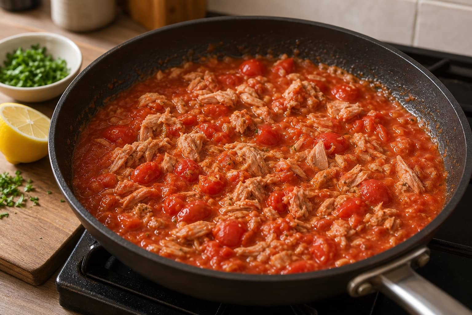 Lemon Tuna Tomato Pasta with Parsley cooking step 4: Simmer with passata.