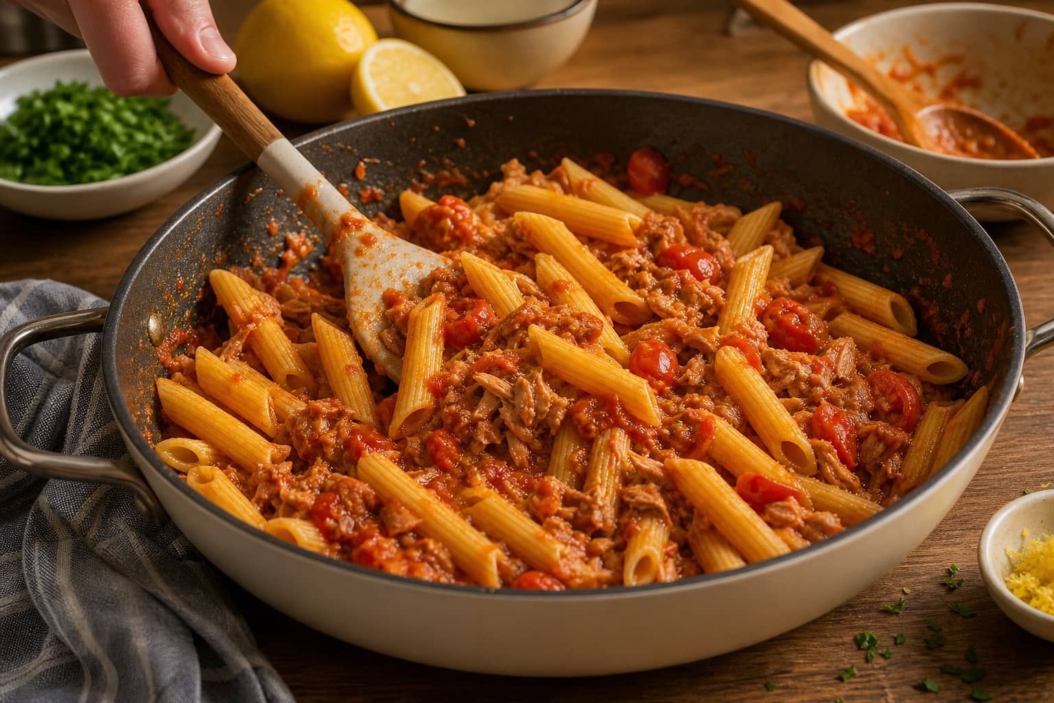 Lemon Tuna Tomato Pasta with Parsley cooking step 5: Add tuna and pasta.