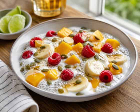 Mango Raspberry Chia Breakfast Pots with Pumpkin Seeds.