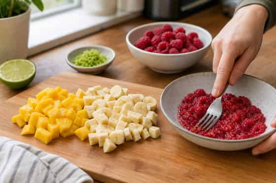 Mango Raspberry Chia Breakfast Pots with Pumpkin Seeds cooking step 1: Prepare the fruit.