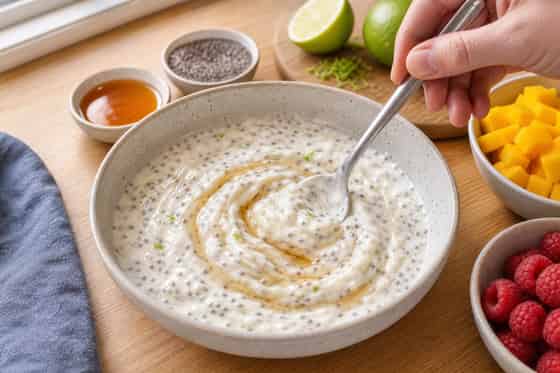 Mango Raspberry Chia Breakfast Pots with Pumpkin Seeds cooking step 2: Flavour the yoghurt.