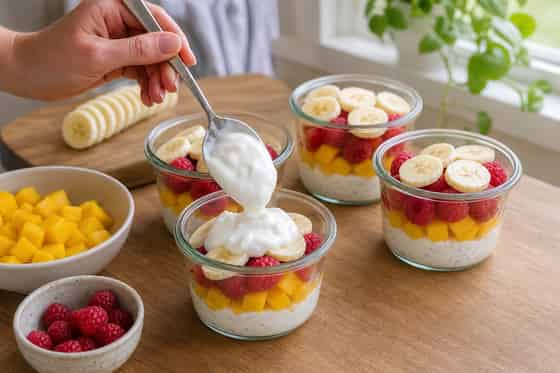 Mango Raspberry Chia Breakfast Pots with Pumpkin Seeds cooking step 3: Layer the pots.