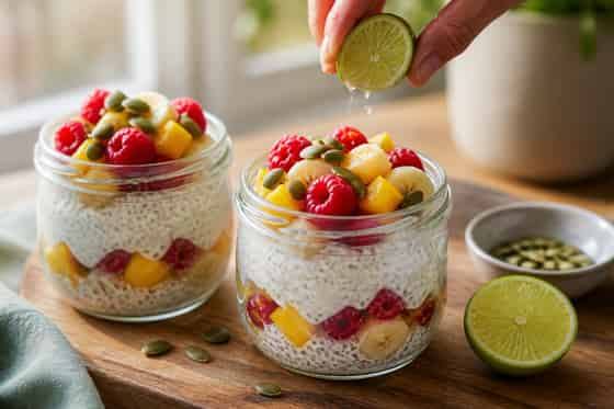 Mango Raspberry Chia Breakfast Pots with Pumpkin Seeds cooking step 4: Finish with crunch.