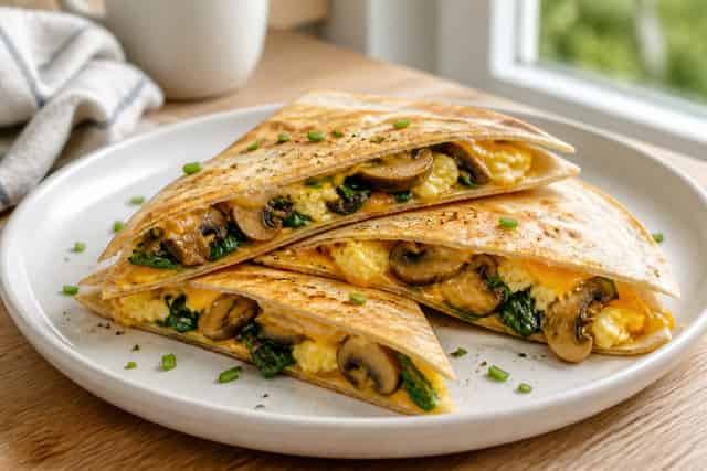 Mushroom Cheddar Egg Quesadillas with Spinach.