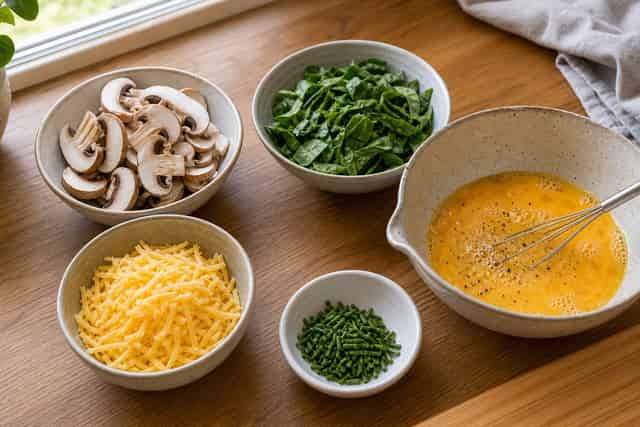 Mushroom Cheddar Egg Quesadillas with Spinach cooking step 1: Prepare the filling.