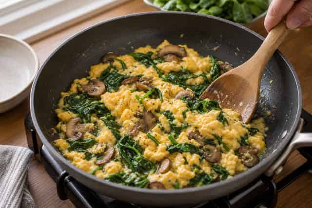 Mushroom Cheddar Egg Quesadillas with Spinach cooking step 3: Scramble the eggs.
