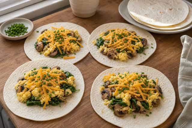 Mushroom Cheddar Egg Quesadillas with Spinach cooking step 4: Fill the wraps.