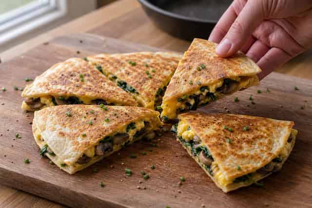 Mushroom Cheddar Egg Quesadillas with Spinach cooking step 5: Toast and slice.