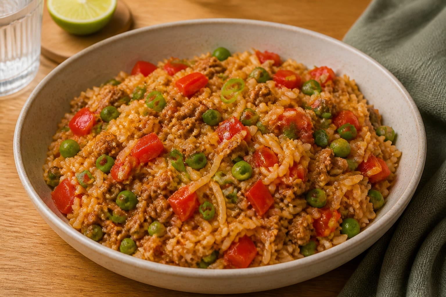 Paprika Pork Pepper Rice with Lime plated and ready to serve.