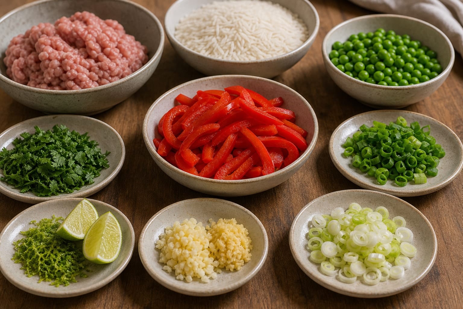 Paprika Pork Pepper Rice with Lime cooking step 1: Prepare the skillet ingredients.