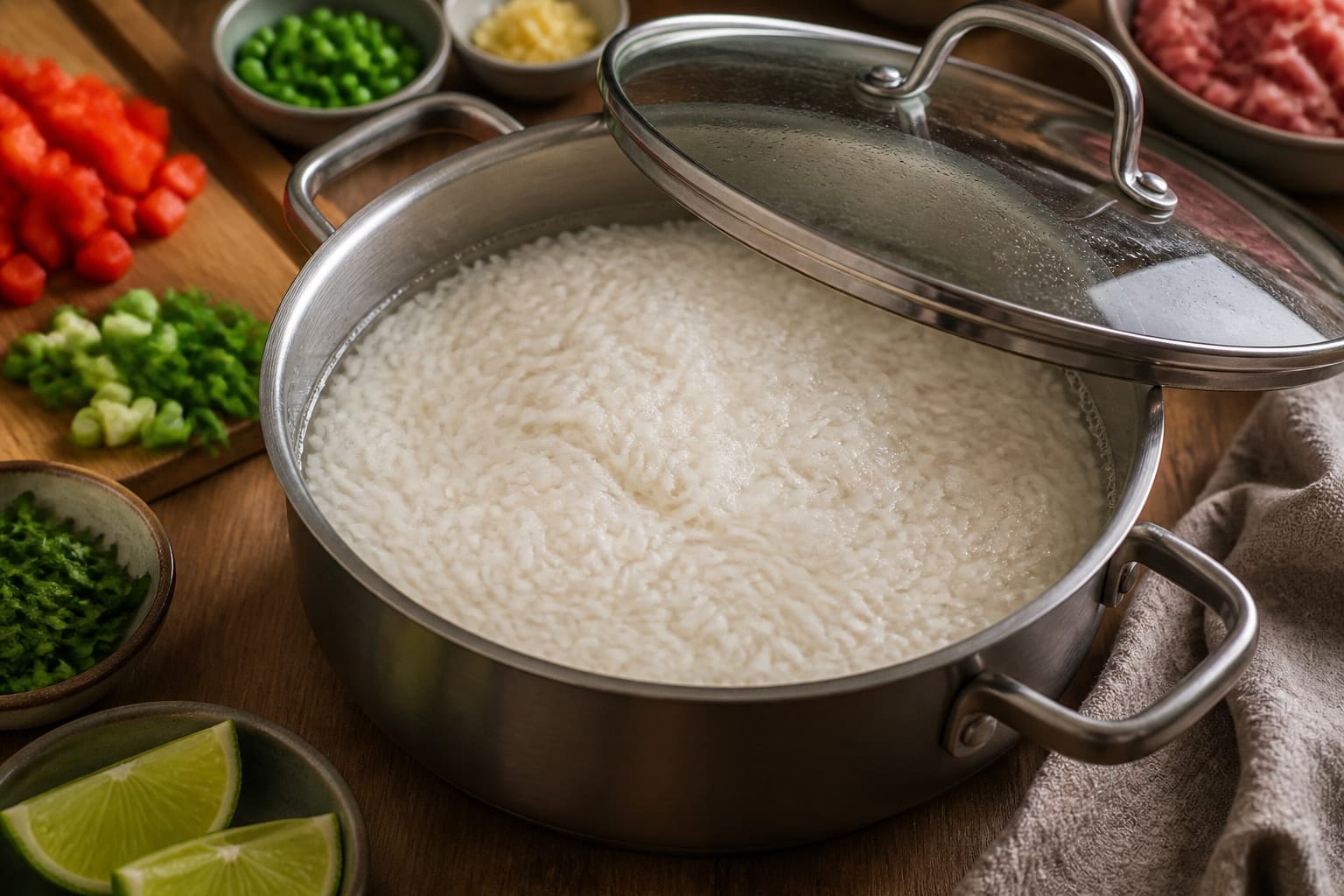 Paprika Pork Pepper Rice with Lime cooking step 2: Cook the rice.