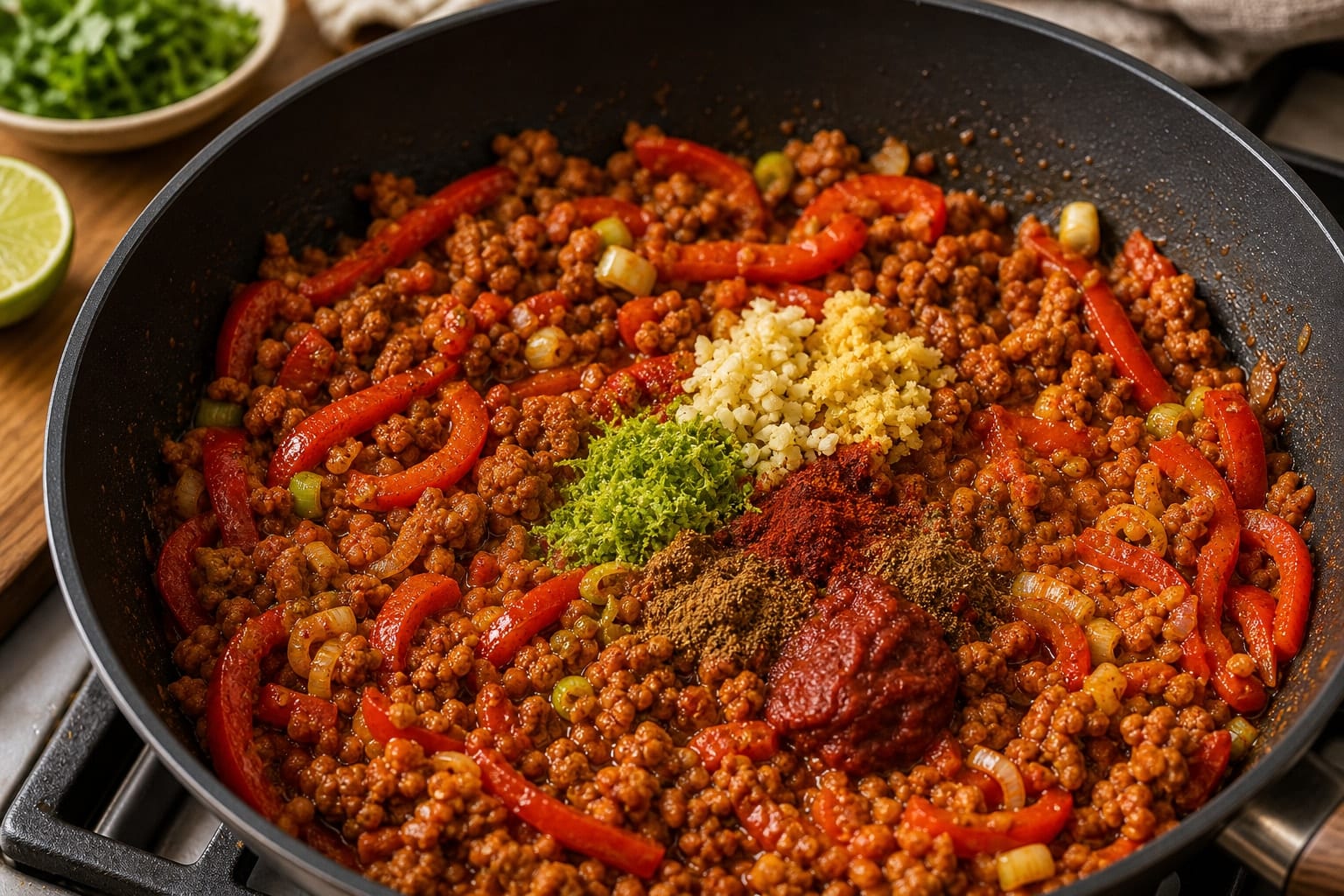 Paprika Pork Pepper Rice with Lime cooking step 4: Add peppers and aromatics.