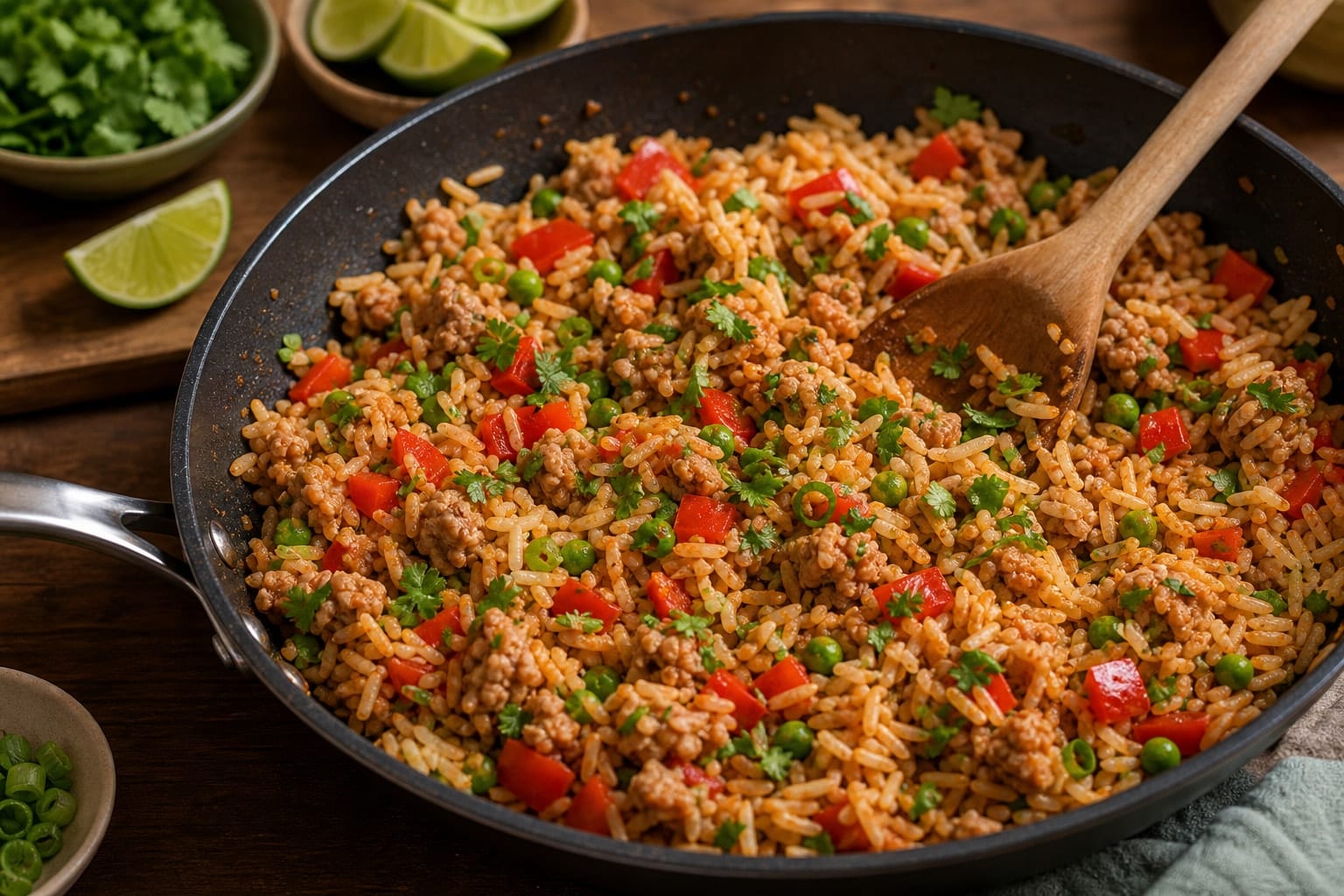 Paprika Pork Pepper Rice with Lime cooking step 6: Fold in the rice.