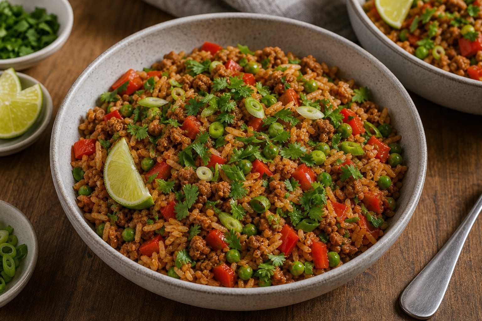Paprika Pork Pepper Rice with Lime cooking step 7: Finish with herbs.