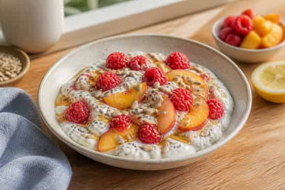 Peach Raspberry Coconut Breakfast Cups with Sunflower Seeds.