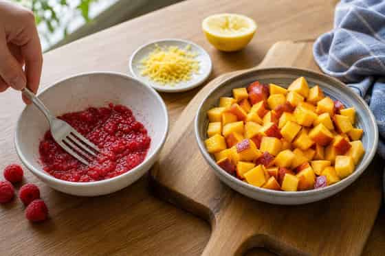 Peach Raspberry Coconut Breakfast Cups with Sunflower Seeds cooking step 1: Prepare the fruit.