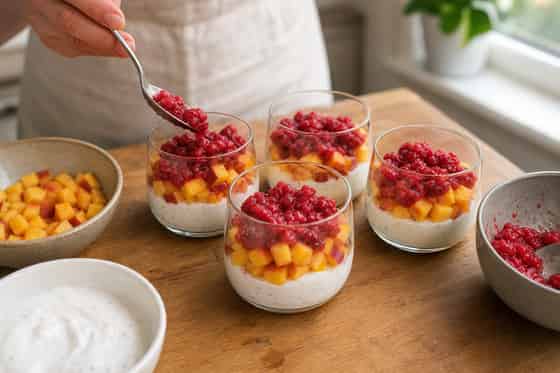 Peach Raspberry Coconut Breakfast Cups with Sunflower Seeds cooking step 3: Layer the cups.