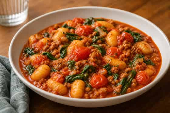 Pork Spinach Gnocchi One-Pan with Tomato.