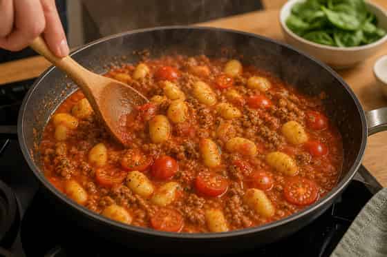 Pork Spinach Gnocchi One-Pan with Tomato cooking step 4: Simmer the gnocchi.