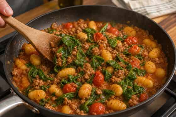 Pork Spinach Gnocchi One-Pan with Tomato cooking step 5: Wilt the spinach.