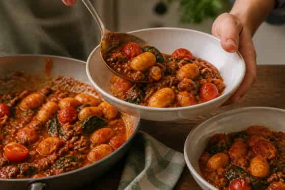 Pork Spinach Gnocchi One-Pan with Tomato cooking step 6: Serve hot.