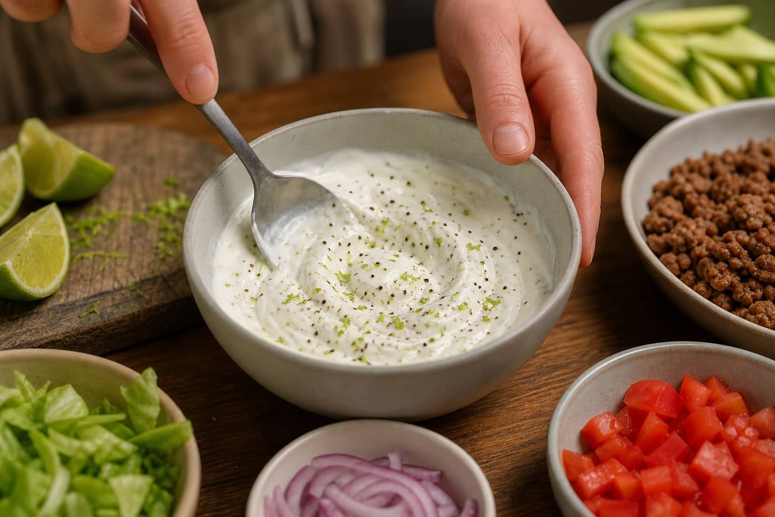 Crispy Pork Mince Flatbreads with Lime Yoghurt cooking step 2: Make the lime yoghurt.