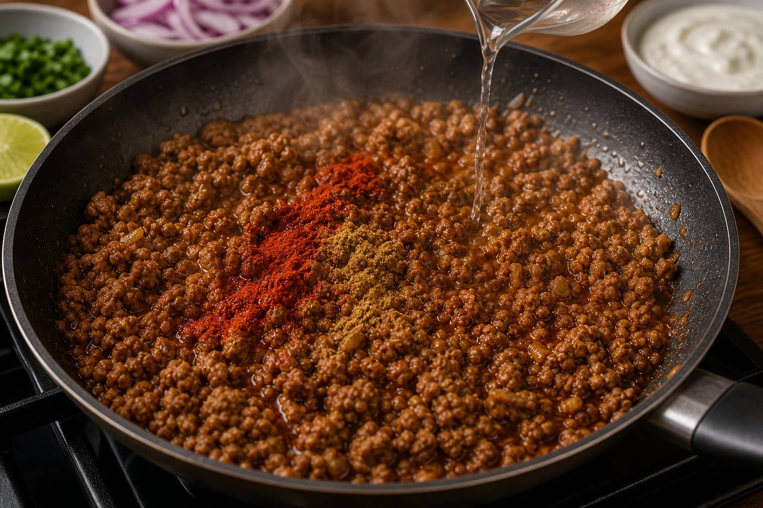 Crispy Pork Mince Flatbreads with Lime Yoghurt cooking step 4: Add the spices.