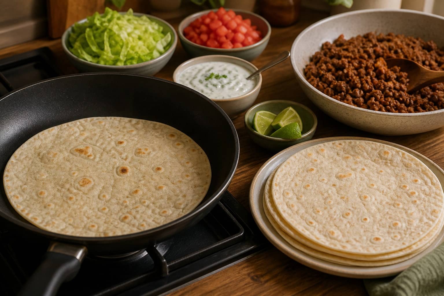 Crispy Pork Mince Flatbreads with Lime Yoghurt cooking step 5: Warm the wraps.