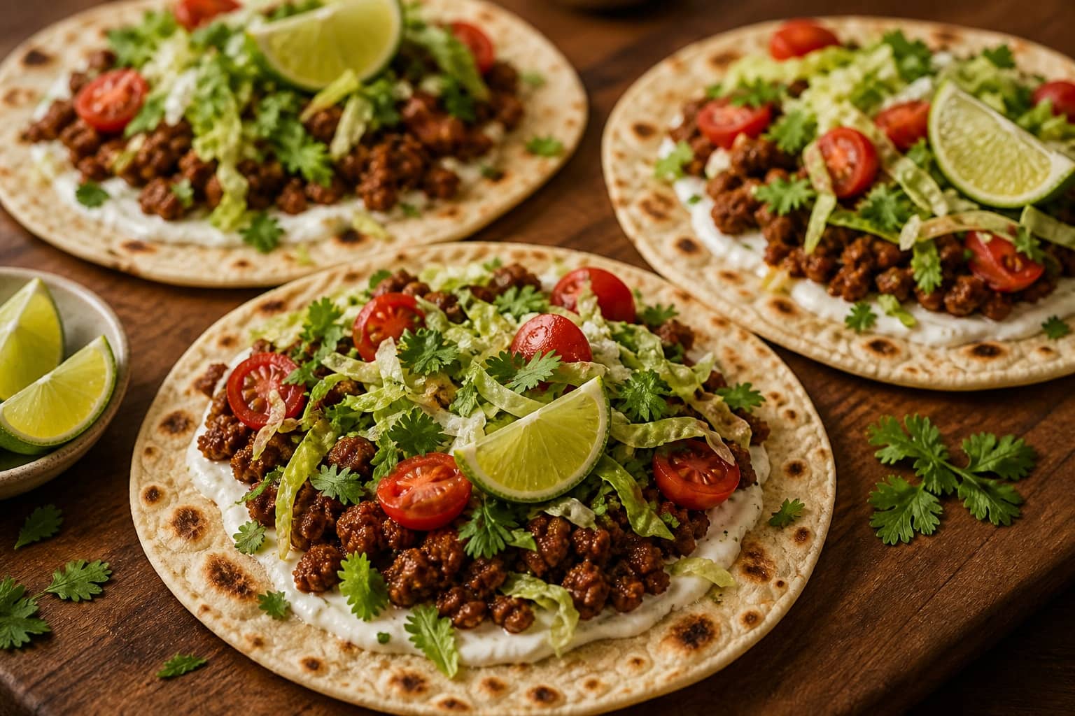 Crispy Pork Mince Flatbreads with Lime Yoghurt cooking step 6: Assemble the flatbreads.