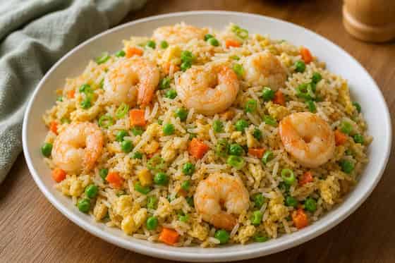Prawn Pea Egg Fried Rice with Spring Onion.