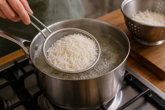 Prawn Pea Egg Fried Rice with Spring Onion cooking step 1: Start the rice.