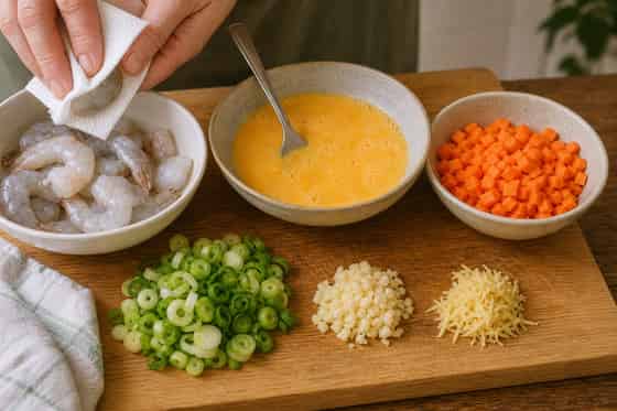 Prawn Pea Egg Fried Rice with Spring Onion cooking step 2: Prepare the stir-fry.