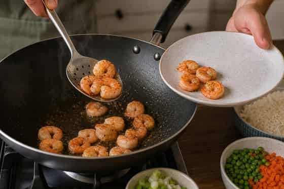 Prawn Pea Egg Fried Rice with Spring Onion cooking step 3: Cook the prawns.