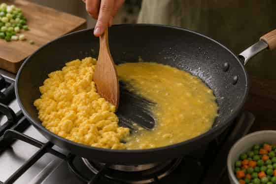 Prawn Pea Egg Fried Rice with Spring Onion cooking step 4: Scramble the eggs.