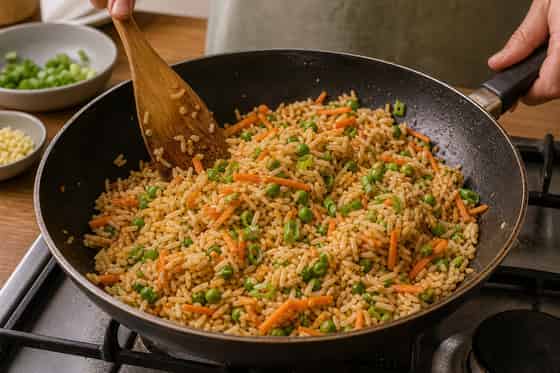 Prawn Pea Egg Fried Rice with Spring Onion cooking step 5: Fry the rice.