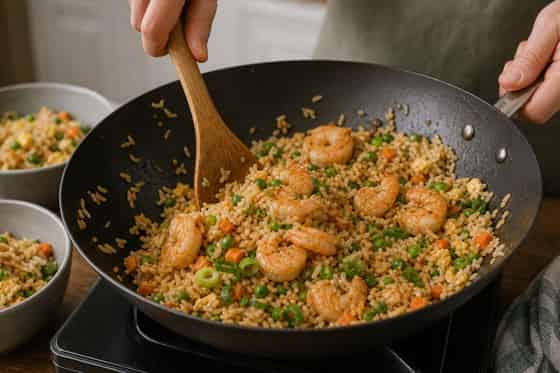 Prawn Pea Egg Fried Rice with Spring Onion cooking step 6: Return the prawns.