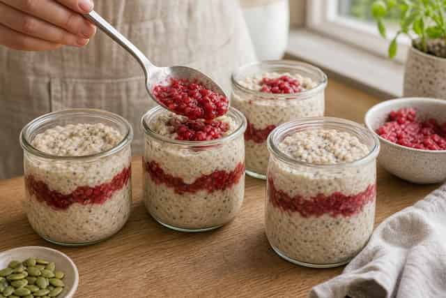 Raspberry Oat Pots with Pumpkin Seeds cooking step 4: Layer the pots.