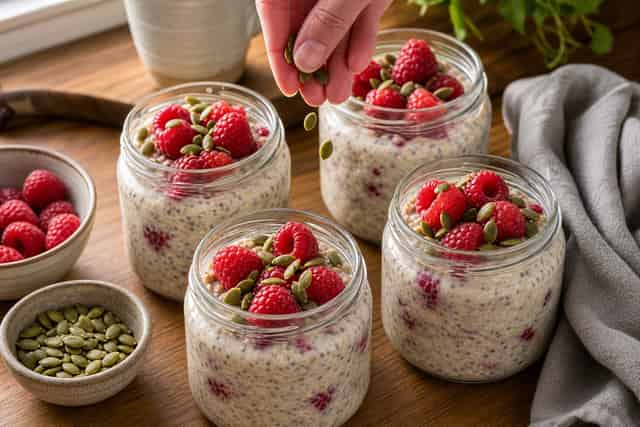 Raspberry Oat Pots with Pumpkin Seeds cooking step 5: Finish with seeds.
